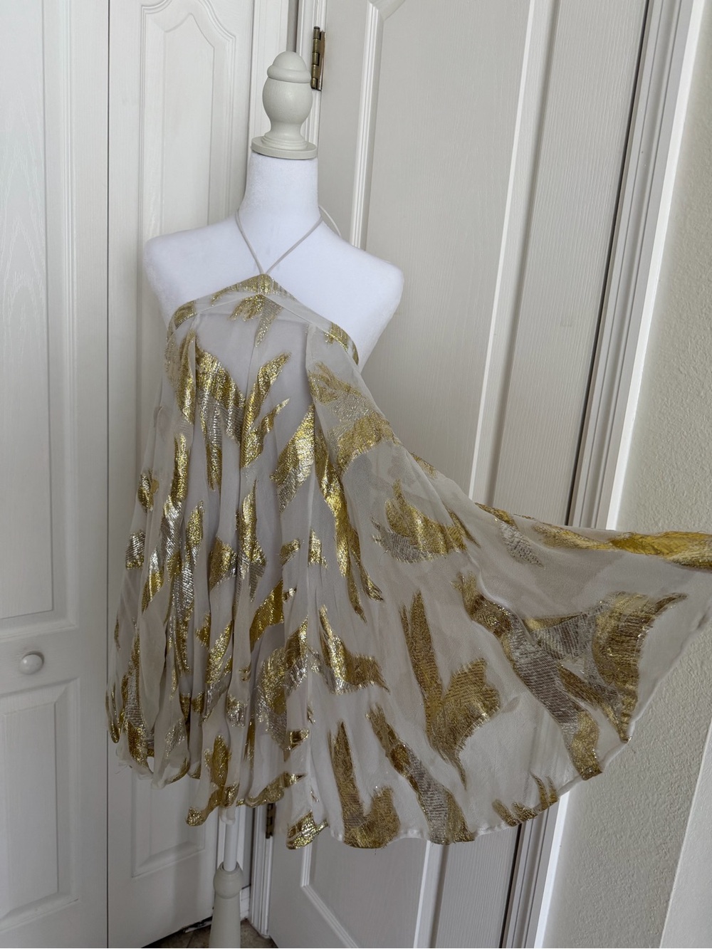 Anthropologie Strapless Halter Chiffon Mini Dress in Gold and Ivory